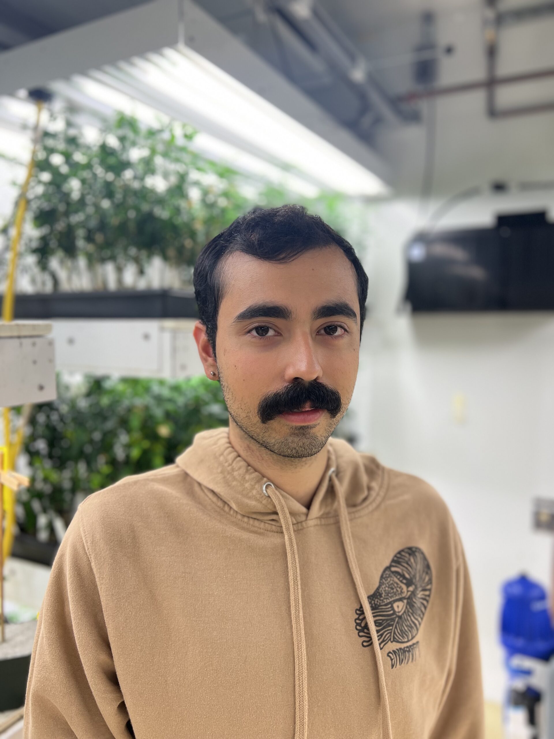 Daniel in a room of plants. He is wearing a tan hoodie.